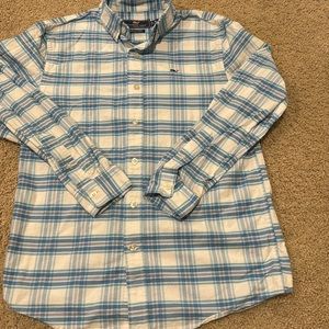 Vineyard Vines M (12/14) Blue plaid whale shirt